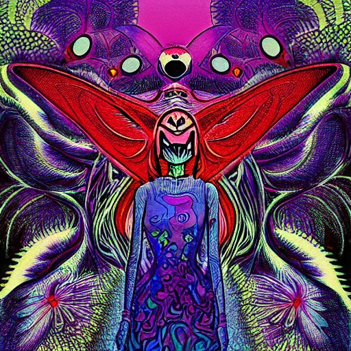 Prompt: Psychedelic mothman by Junji Ito and Satoshi Kon, post-processing, beautiful