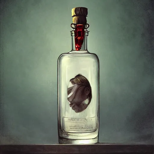 Image similar to A bottle of gin filled with tiny creatures, fullbody, artstation, fantasy, concept art, dark, moonlight, incredible, smooth, sharp focus, illustration, art by greg rutkowski and orientalism and bouguereau and Zdzislaw Beksinski, good clear quality, lighting, biology, symmetrical artwork, perfect face, 135 mm, cinematic, hyper realism, high detail, octane render, 8k, chrome accents