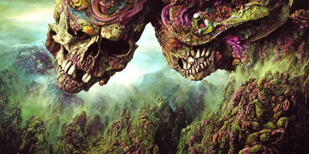 Prompt: ultrawide angle colour masterpiece surreal closeup portrait photography of mountain creature skull hybrid by annie leibovitz and michael cheval, incredible sense of depth and perspective and clarity, weird surreal epic psychedelic complex biomorphic 3 d fractal landscape in background by kilian eng and roger dean and giger and salvador dali and beksinski, 8 k