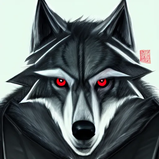 Image similar to an anthropomorphic wolf in a black doublet looking out over the hills, red eyes, artstation hq, stylized, sharp focus, concept art, furaffinity fursona, furry, anthropomorphic, digital art by ayami kojima