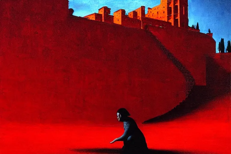 Image similar to only with red, a red melted emperor, taormina amphitheatre, crowd hails him happy, in the style of beksinski, parts by edward hopper, parts by rodcenko, parts by yue minjun, intricate and epic composition, red by caravaggio, insanely quality, highly detailed, masterpiece, red light, artstation, 4 k