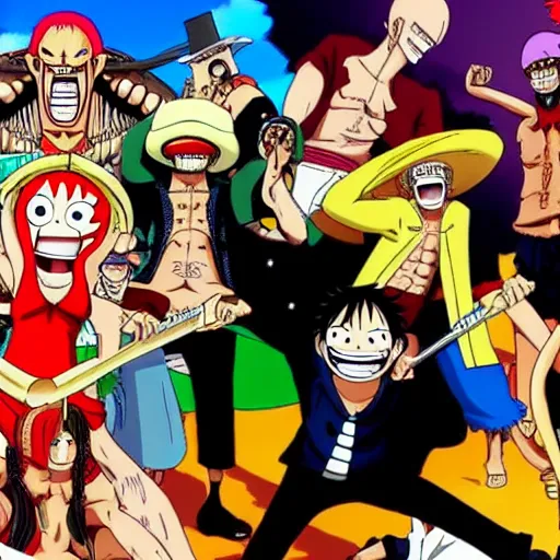 Prompt: all one piece character fighting in a theater