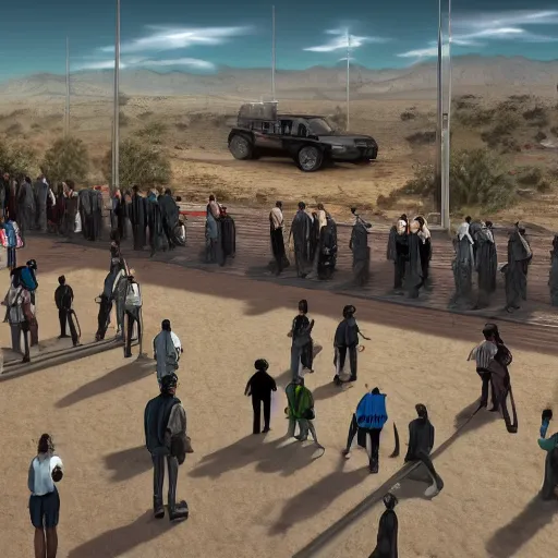 Image similar to a crowd gathering around | government security facility military gate | in the hot desert trending on artstation digital paint 4 k render