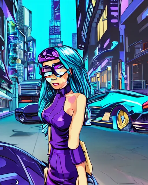 Image similar to cel shaded art of a pretty blue haired girl standing next to a purple lamborghinil, jet grind radio graphics, cyberpunk city street background