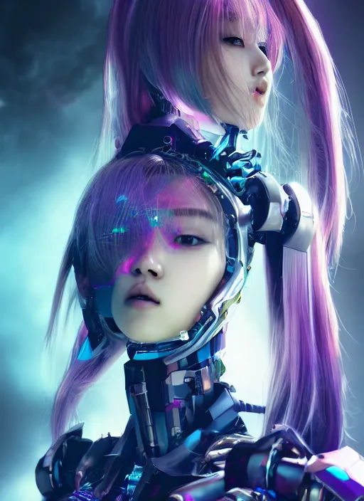 Prompt: a highly detailed portrait of a kpop idol female mecha in spiked cyberpunk bioarmor trending on artstation by yoshitake amano, holographic undertones, 3 d cg, octane rendered, futuristic, 2 k aesthetic, dramatic lighting, 4 k, highly saturated colors