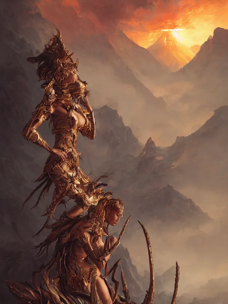 Prompt: An epic fantasy portrait painting of a warrior woman spider legs and spikes in her head standing in front of a volcano eruption, illustration, detailed, award-winning, trending on artstation, by artgerm and Greg Rutkowski and Alphonse Mucha