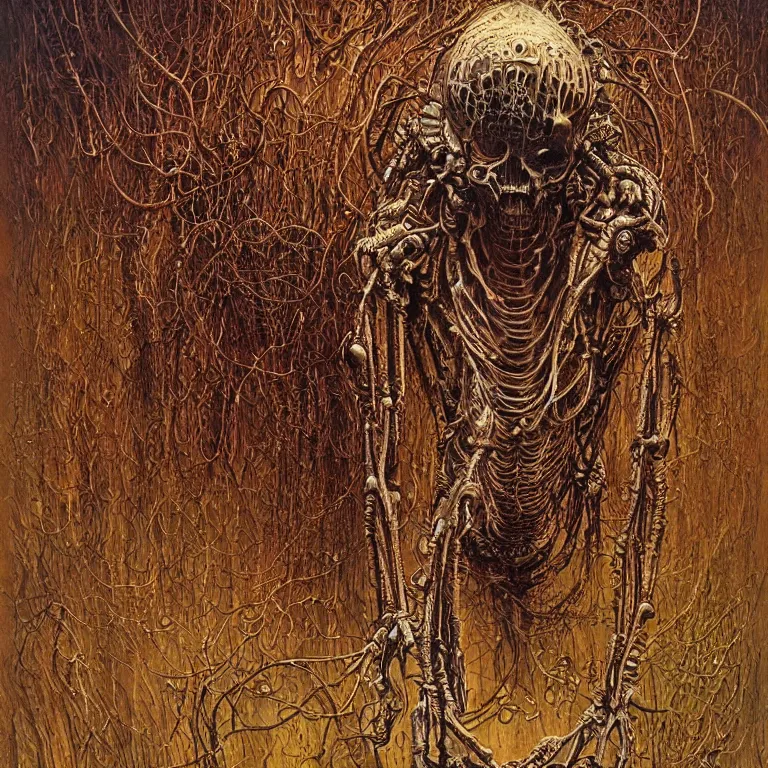 Prompt: organic cyborg alien skeleton alien centipede planet face style of peter gric Lovecraftian zdzislaw beksinski surrealism poster art