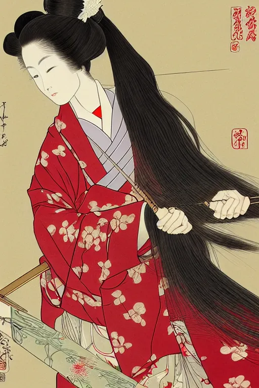 Image similar to portrait of a long haired woman wearing a red kimono playing a biwa in traditional japanese house, feudal japan, delicate, detailed long black hair, detailed flower pattern kimono, elegant, anime key visual, fukaya yuichiro