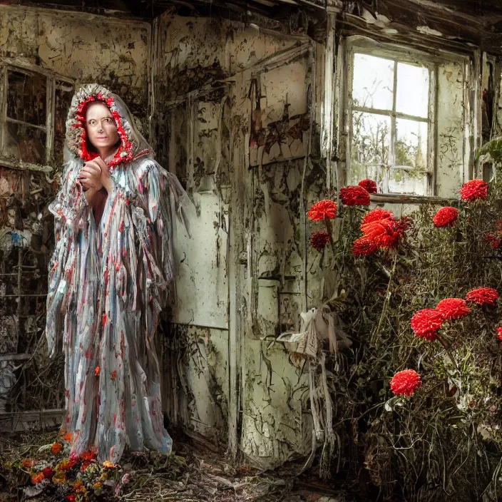 Prompt: a woman wearing a hooded cloak made of zinnias and barbed wire, in a derelict house, by David LaChapelle, natural light, detailed face, CANON Eos C300, ƒ1.8, 35mm, 8K, medium-format print