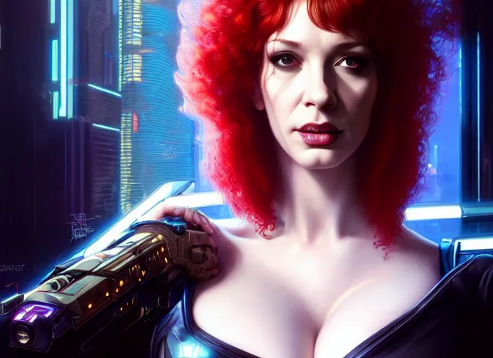 Image similar to portrait shot of a christina hendricks wearing cyberpunk clothing in cyberpunk 2 0 7 7, intricate, elegant, highly detailed, centered, digital painting, artstation, concept art, smooth, sharp focus, illustration, artgerm, tomasz alen kopera, peter mohrbacher, donato giancola, joseph christian leyendecker, wlop, boris vallejo