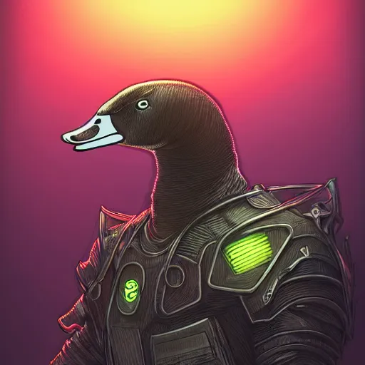 Prompt: a goose in a detective suit, swan, dystopia core, apocalyptic, armor, warrior, dramatic, sharp focus, fiction, neon, fantasy, hyper detailed, digital art, trending in artstation, cinematic lighting