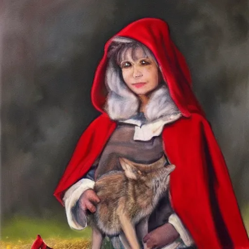 Prompt: A realistic painting of the wolf dressed as grandmother in Little Red Riding Hood