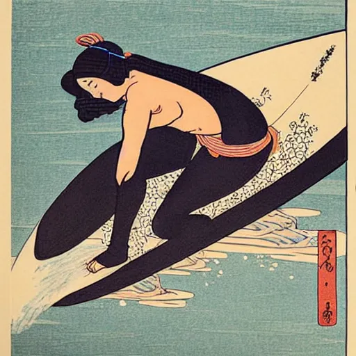 Prompt: girl surfing, woodblock print, style of hokusai, fine art, style of kanagawa, painting