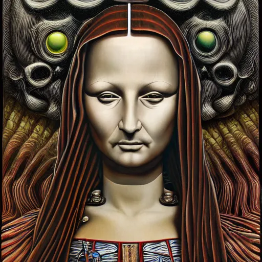 Image similar to monalisa by jacek yerka, alex gray, zdzisław beksiński, dariusz zawadzki, jeffrey smith and h.r. giger, oil on canvas, 8k highly professionally detailed, trending on artstation