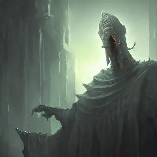 Image similar to squidward as a dark souls boss digital art in the style of Greg Rutkowski and Craig Mullins, 4k