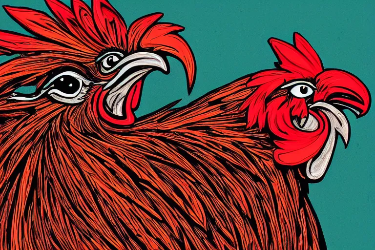 Prompt: illustration of an angry rooster, by willian santiago, intricate, detailed, sharp focus, lively colors