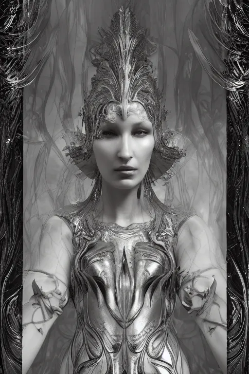 Prompt: a realistic moody portrait photo of a beautiful ancient alien woman goddess bella hadid standing in iris van herpen dress jewelery and fractals in style of alphonse mucha art nuvo dmt trending on artstation made in unreal engine 4
