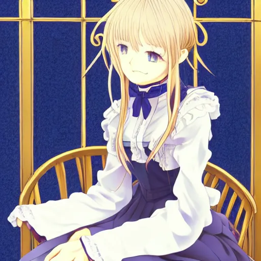 Image similar to a character portrait of violet evergarden, sitting down on a chair in a victorian home background, style of kyoto animations, trending on pixiv, anime, high detail, character accurate