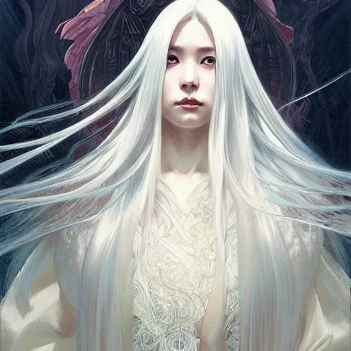 Image similar to Kaguya Ōtsutsuki, long white hair, D&D, fantasy, intricate, elegant, highly detailed, digital painting, artstation, concept art, matte, sharp focus, illustration, art by Artgerm and Greg Rutkowski and Alphonse Mucha