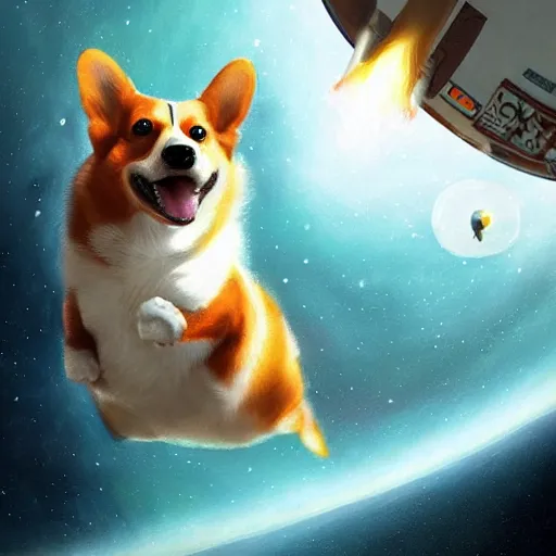 Prompt: extremely detailed digital painting of a corgi cosmonaut in outer space, stars, cosmic, sci - fi, intense, dynamic, beautiful, greg rutkowski, trending on artstation