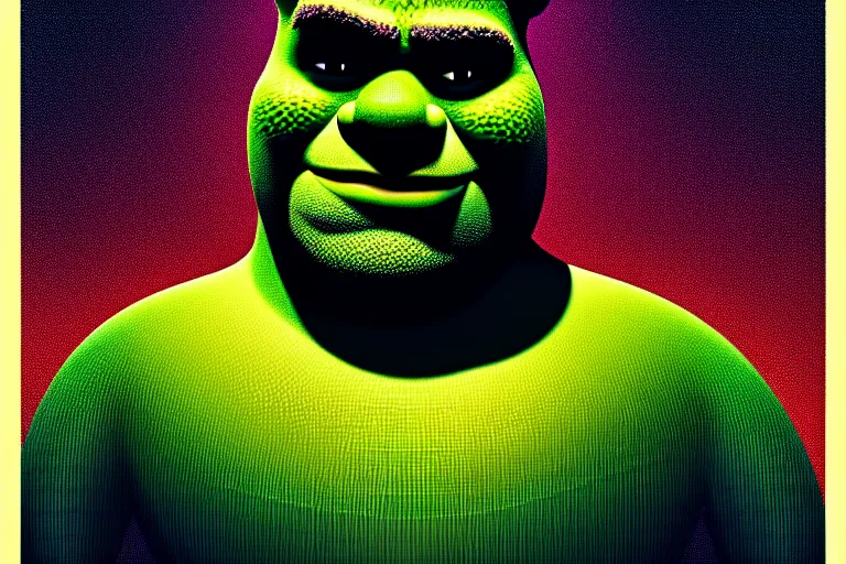 Image similar to ( ( dither ) ), editorial pixel art portrait of an angled 2 d shrek, modern art deco, ( ( mads berg ) ), christopher balaskas, victo ngai, rich grainy texture, detailed, dynamic composition, wide angle, matte print, art nouveau, unreal engine