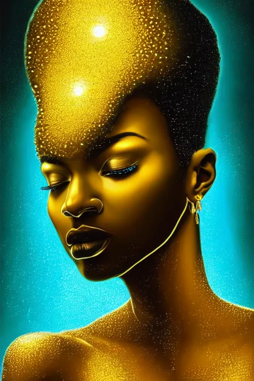 Prompt: hyperrealistic post - dada cinematic very expressive! profile black oshun goddess, emerging from water!!, mirror dripping droplet!, gold flowers, highly detailed face, digital art masterpiece, smooth eric zener cam de leon, dynamic pearlescent teal light, low angle uhd 8 k, sharp focus