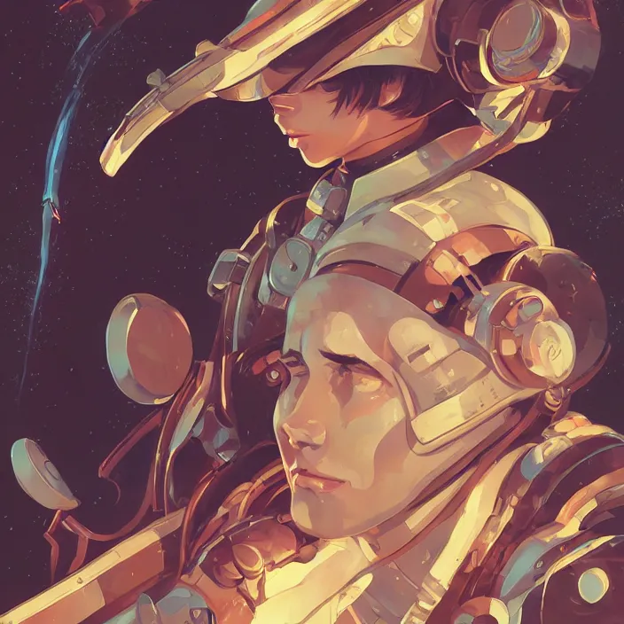 Image similar to anime portrait space pirate captain, futuristic science fiction, mucha, hard shadows and strong rim light, art by jc leyendecker and atey ghailan and sachin teng