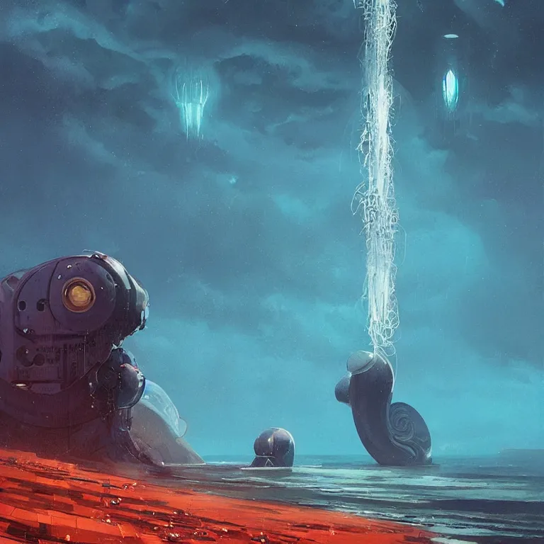 Image similar to mechanical nautilus robotic dripping wet emerging from a the ocean blast off, sci - fi concept art, by john harris, by simon stalenhag, stunning, award winning