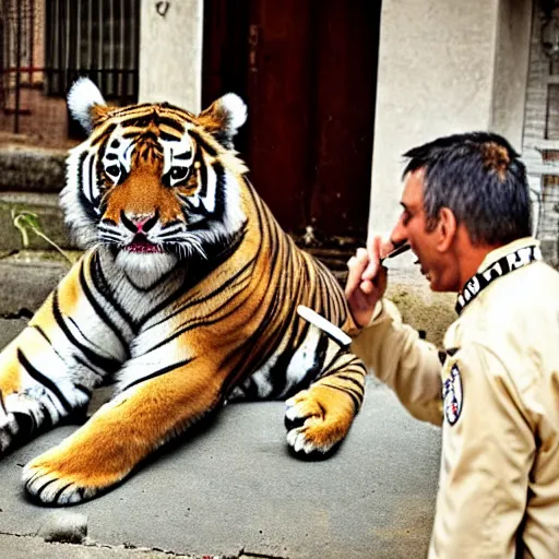 Prompt: photography of a tiger and a policeman smoking marijuana in the streets