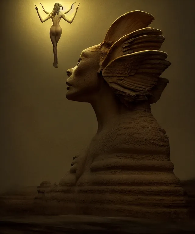 Image similar to epic professional digital art the sphinx, horrific yet beautiful vibe, evocative, atmospheric lighting, painted, intricate, highly detailed, by leesha hannigan, wayne haag, reyna rochin, ignacio fernandez rios, mark ryden, iris van herpen, artstation, cgsociety, stunning, gorgeous, sharp focus, cinematic, masterpiece