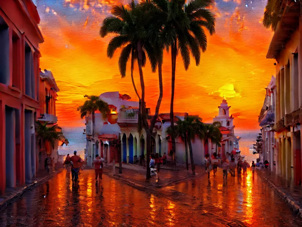 Prompt: of an impressionist oil painting of a sunset in the street of old san juan in puerto rico, hyper - detailed, 8 k, cinematic, octane render, by greg rutkowski