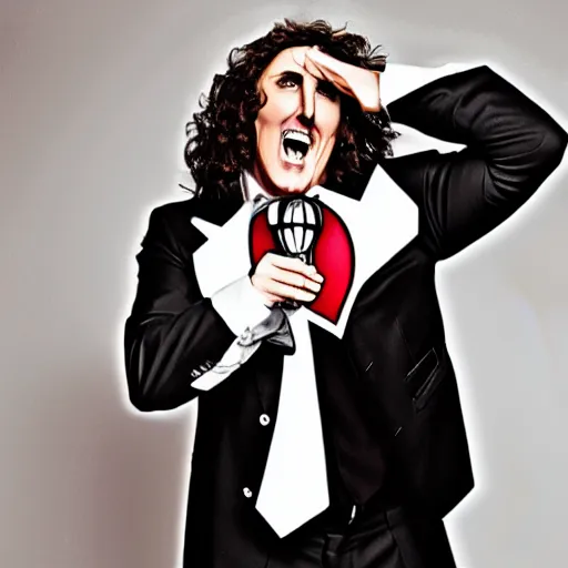 Prompt: weird al laughing hysterically at a clock