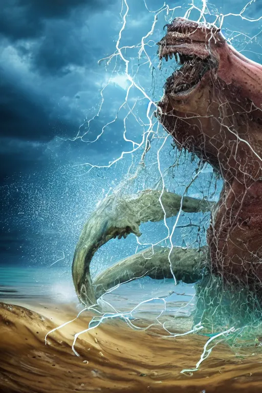 Prompt: high resolution photo of an obese giant fighting sea creature, splash, sand, earth, shells, tree roots, dark clouds, foliage, veins, lightning, big muscles, sweat, slime, troll, fishlike, gills, dragonlike, grown together, overgrown, electronic wires, god rays, dark, skin, plastic wrap,