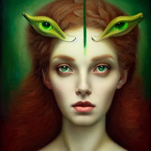 Prompt: a painting of a woman with green eyes, a surrealist painting by Tom Bagshaw, featured on cgsociety, pop surrealism, surrealist, wiccan, pre-raphaelite