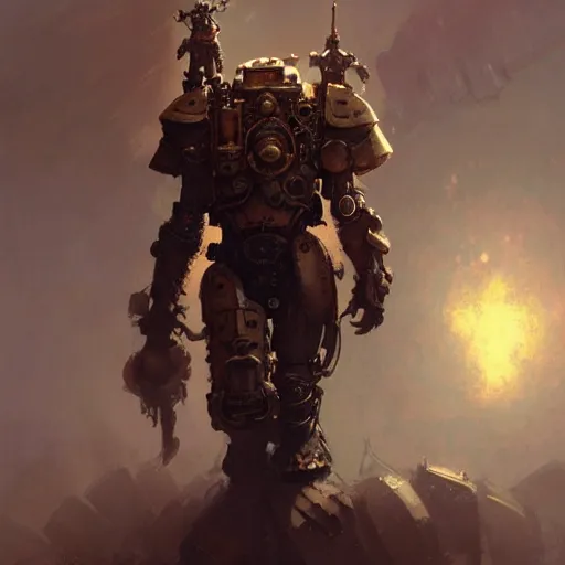 Image similar to concept art of a giant wearing steampunk power armor. illustration, gritty, roman, artgerm, by craig mullins, by gaston bussiere, by greg rutkowski, stylized, trending on artstation, intricate, digital painting, fantasy illustration