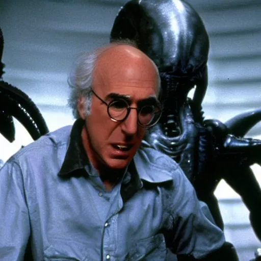 Prompt: larry david is being chased by a xenomorph, still from the movie aliens