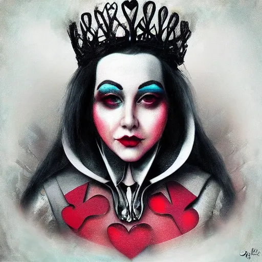 Image similar to “Queen of Hearts from Alice in Wonderland, realism, fantasy, trending on Artstation”