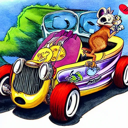 Prompt: ratfink style by ed roth, racoon riding in a tiny hot rod coupe with oversized engine, centered award winning watercolor pen illustration, by caroline choi, edited by range murata