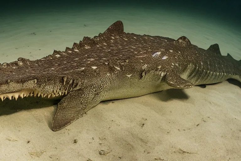 Image similar to a crocodile shark!!! hybrid! hyper realistic!! realistic lighting!! wildlife photographer of the year!!! bold natural colors, national geographic, hd, wide angle, 8 k
