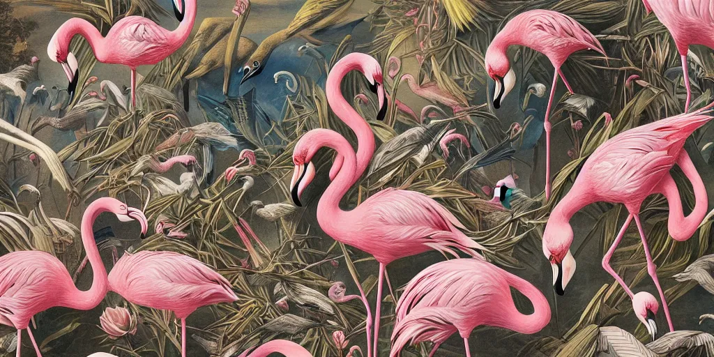 Image similar to breathtaking detailed concept art painting art deco pattern of birds, flamingos, amalmation blend of flowers and birds, by john james audubon, bizarre compositions, exquisite detail, extremely moody lighting, 8 k