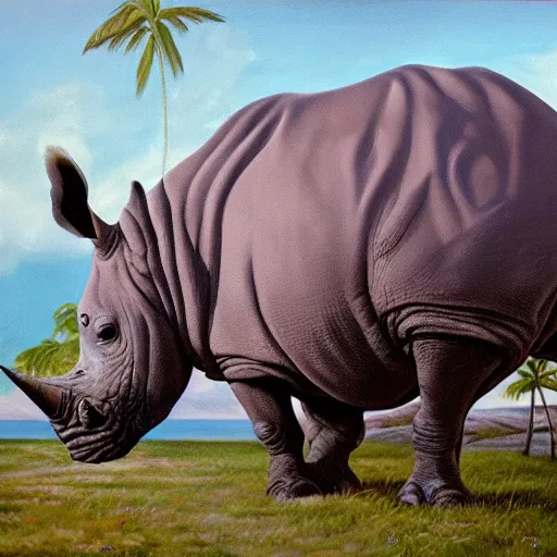 Image similar to oil on canvas of, rhinoceros laying an egg in hawaii