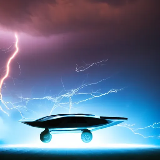 Image similar to futuristic flying car emerging from a circle of lightning in the sky, thunderstorm at night, 28mm dramatic photo