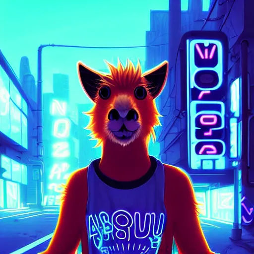 Image similar to beautiful furry digital art portrait commission of an androgynous furry anthro capybara fursona wearing punk clothes in the streets of a cyberpunk city. neon signs. character design by charlie bowater, ross tran, artgerm, and makoto shinkai