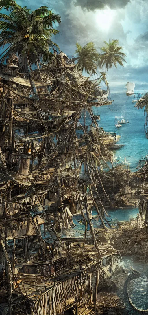 Prompt: secret tropical pirate island and shanty town, dramatic lighting, cinematic, establishing shot, extremely high detail, foto realistic, cinematic lighting, pen and ink, intricate line drawings, post processed, concept art, artstation, matte painting, style by Steven Spielberg, Peter Jackson, art germ