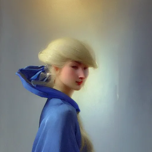 Image similar to a young woman's face, her hair is white and she wears an indigo blue satin cloak, by ivan aivazovsky and syd mead and moebius and gaston bussiere and roger dean and pieter claesz and paul delaroche and alma tadema and aelbert cuyp and jan heem, hyperrealistic, volumetric light, octane render