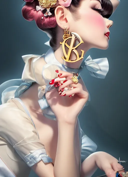 Image similar to a pin up and beautiful fashion dreamlke japan girl with lv jewelry, character art, art by artgerm, wlop, loish, hyperdetailed, 8 k realistic, symmetrical, global illumination, radiant light, frostbite 3 engine, cryengine, dof, trending on artstation, digital art, chanel, dior, detailed background