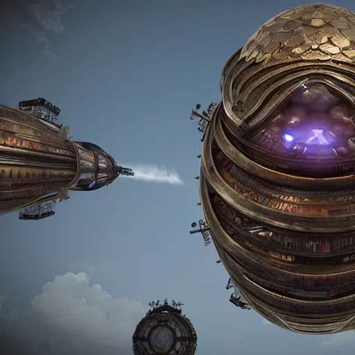 Prompt: enormous flying city!! in a gigantic faberge egg, sky!!!, steampunk, aetherpunk, skydocks, fantasy art, unreal engine,