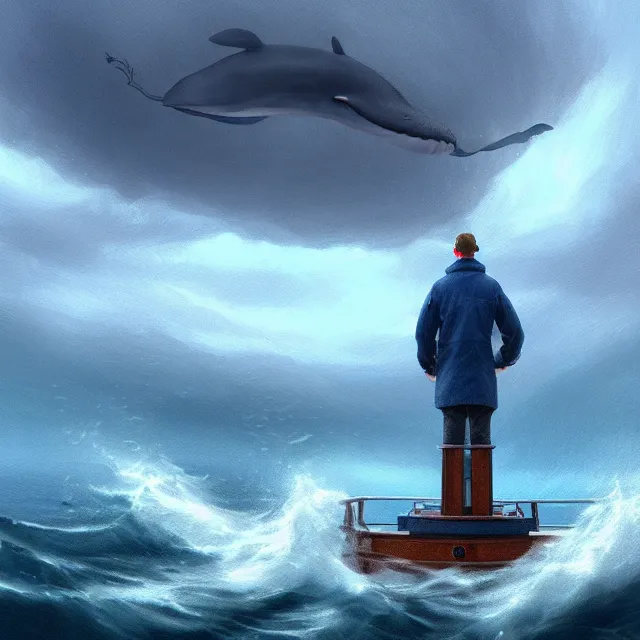 Prompt: epic professional digital art of an anthropomorphic blue whale sea captain standing on the deck of trawler and piloting it in a rainstorm, best on artstation, breathtaking, epic, stunning, gorgeous, much detail, much wow, cgsociety, wlop, pixiv, behance, deviantart, masterpiece, UHD, 8K