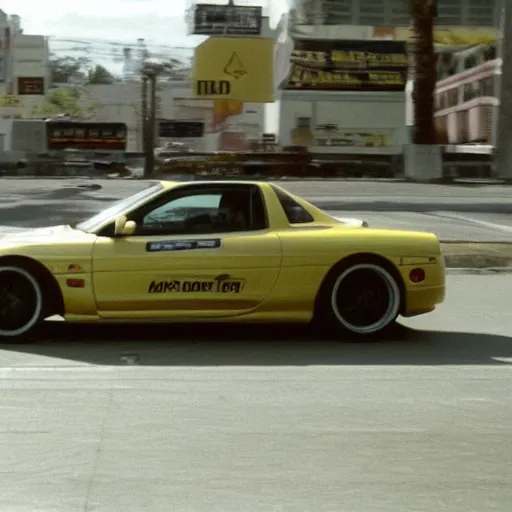 Image similar to yellow RX-7 in film Drive (2012) screen cap ryan gosling driver wide angle 22mm lens cinematic shot