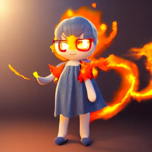 Image similar to cute fumo plush of a living fireball, lens flare, flame and smoke particle sim, anime girl, vray